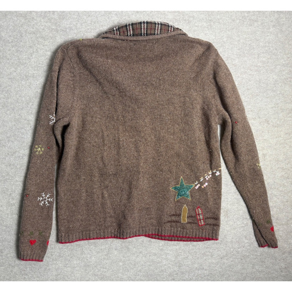 Christmas Sweater Cardigan Brown Wool Blend Plaid Collar Sz L Kikit Cottage Vtg - Picture 6 of 8
